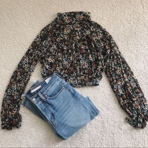 Floral Print Mesh Long Sleeve Crop Top